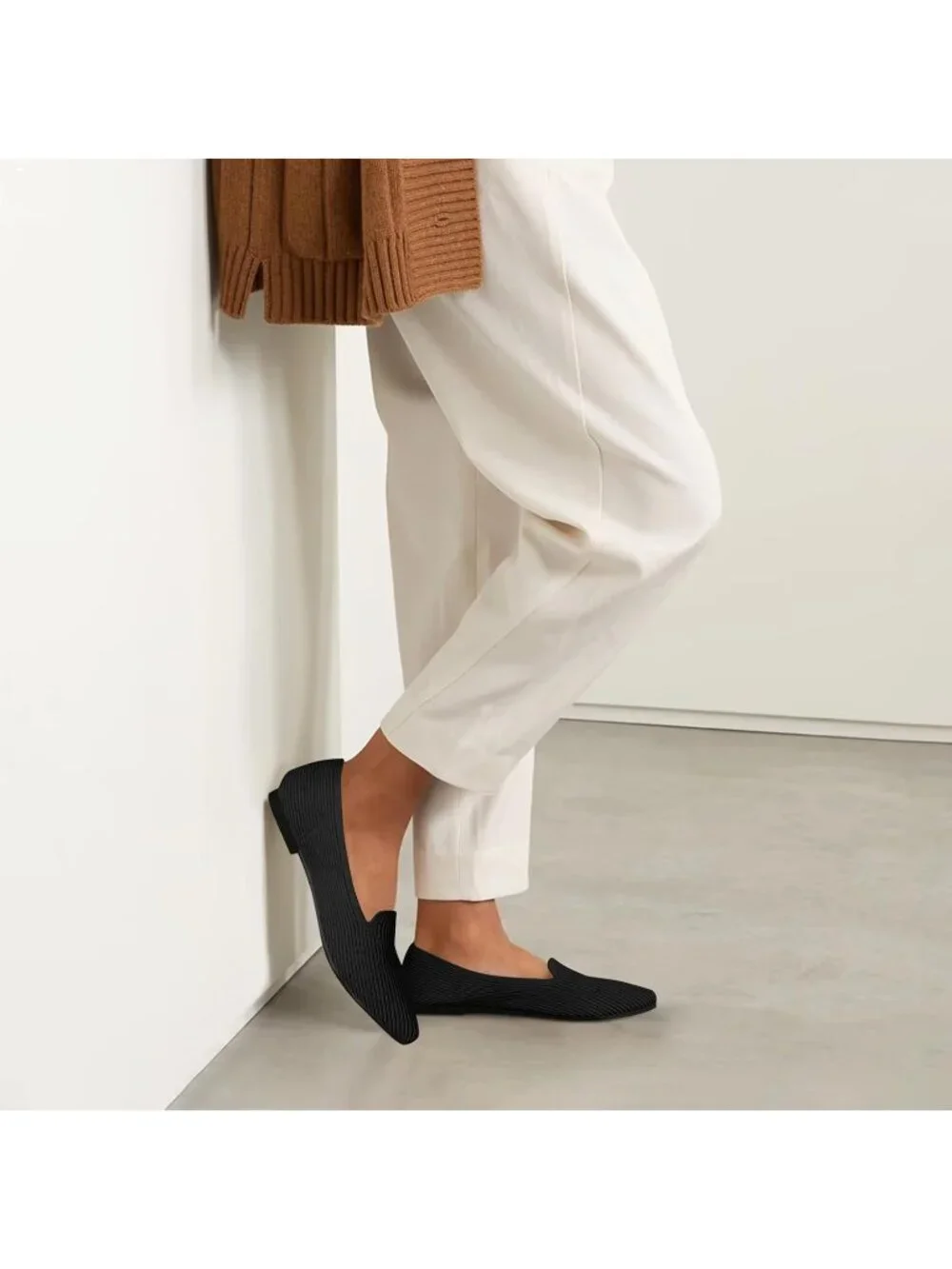 Women's Black Pointed Toe Knit Ballet Flats Washable Important Work Shoes